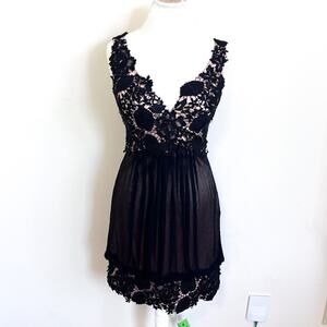 Vintage Y2K Jovani Silk Beaded Dress Size 8 Black Lace Floral Chiffon Bubble 90s